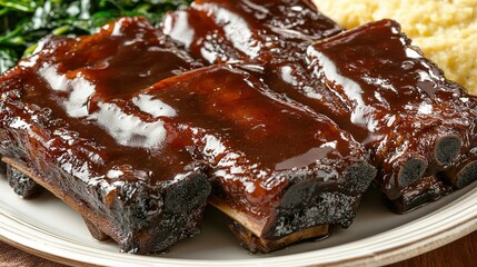   A white plate with BBQ-covered ribs, mashed potatoes, and greens