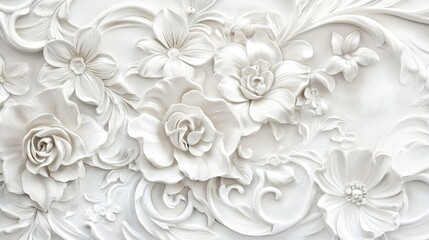 Intricate white floral relief design showcasing various flowers and elegant scrollwork, ideal for decorative arts and interior design