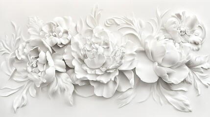 Elegant white floral relief art featuring peonies and intricate leaf designs in a detailed wall display