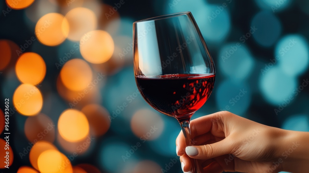 Wall mural a hand holding a glass of wine with colorful lights behind it, ai