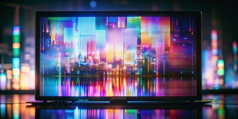Digital Glitch Cityscape on Laptop Screen, Glitch Art, Cyberpunk, Pixel Art