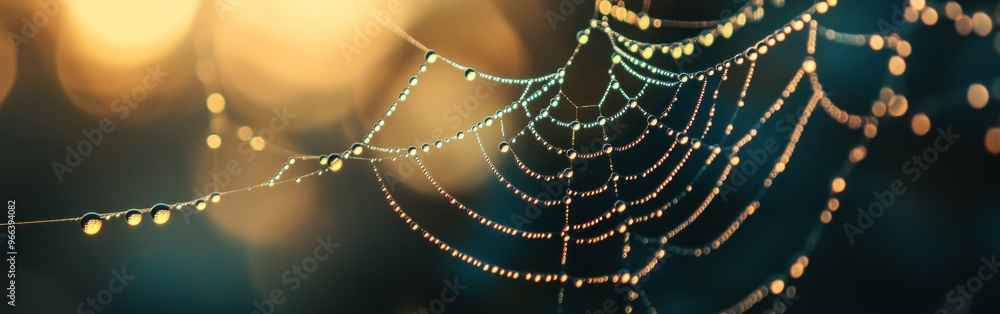 Poster a close-up of a spider web adorned with dew drops, shimmering in soft light.