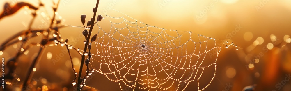 Poster a close-up of a spider web adorned with dew drops, illuminated by soft sunlight.