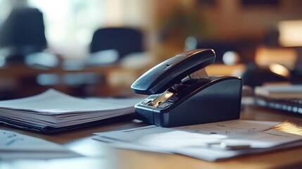 Classic black stapler and documents on a desk. 