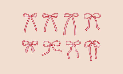 Collection of abstract linear bow icons. Vector outline illustration of various pink ribbons. Hand drawn clipart in retro sketch style