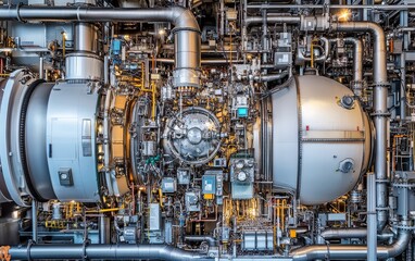 A complex arrangement of industrial machinery showcasing pipes, valves, and control systems for energy production.