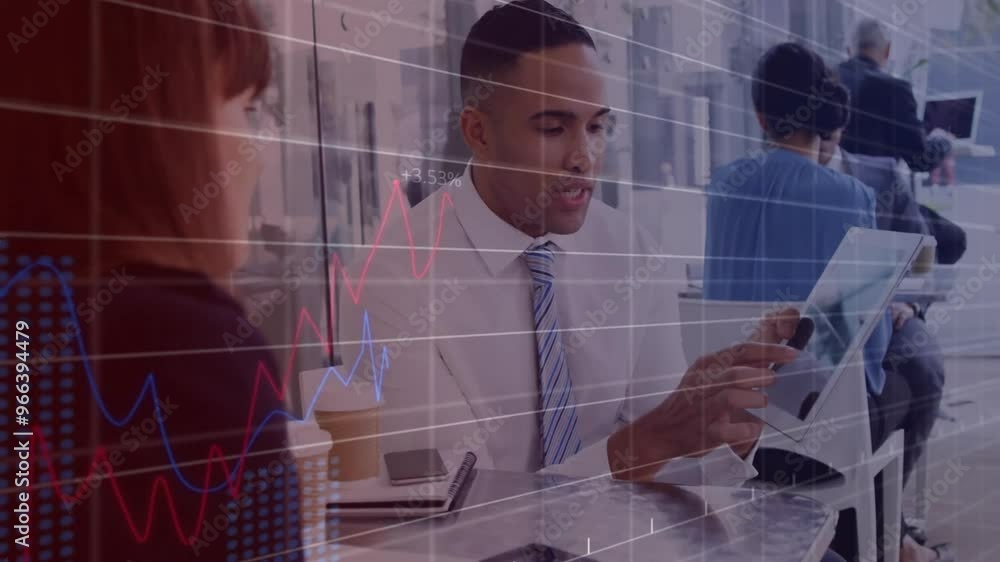 Poster animation of data processing over diverse business people working in office