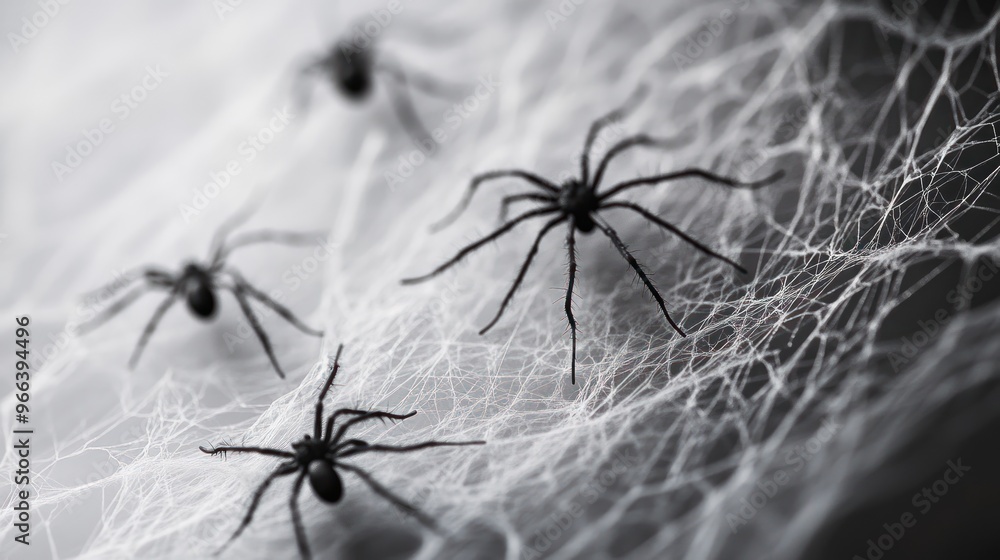 Poster a close-up of spiders on a web, emphasizing their intricate connection to nature.
