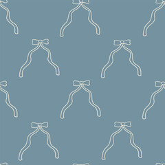 Seamless pattern with line art bows. Vector outline background with ribbons in retro style. Coquette and ballet core