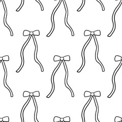 Seamless pattern with line art bows. Vector outline background with ribbons in retro style. Coquette and ballet core