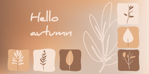 Autumn horizontal banner with colorful autumn leaves and place for text on abstract background. Seasonal cards, presentations, promo reports, web, postcard, poster, invitation. Vector