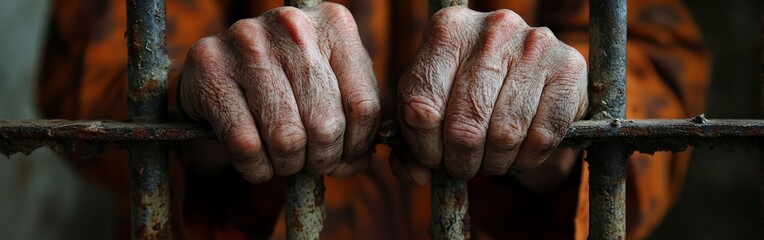 Fototapeta premium Confinement and Isolation Hands Gripping Prison Bars