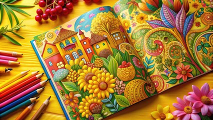 Delightful and vibrant coloring book cover featuring colorful flowers and landscapes. Generative AI