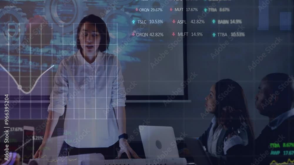 Poster animation of data processing over diverse business people working in office