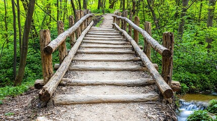 Obraz premium A bridge in the forest, surrounded by trees and a flowing stream below