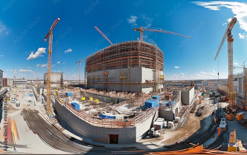 Poster a panoramic view of a large construction site with cranes and building structures under development.