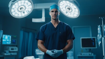 Surgeon in scrubs standing under bright surgical lights in an operating room
