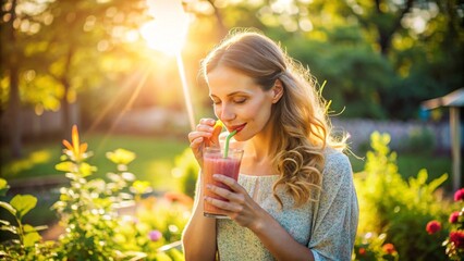 A Person Enjoying a Refreshing Smoothie in a Beautiful Sunny Garden Setting