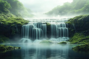 Fototapeta premium ethereal longexposure waterfall cascading over mosscovered rocks silky water effect mist rising lush green surroundings moody tonal edit