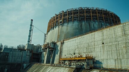 Obraz premium A large industrial facility with a cylindrical structure, likely a power plant, surrounded by concrete and machinery.