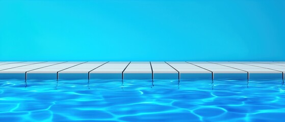 Minimalist pool edge with clear blue water and tiled deck under a bright blue sky. Calm and relaxation concept with copy space.