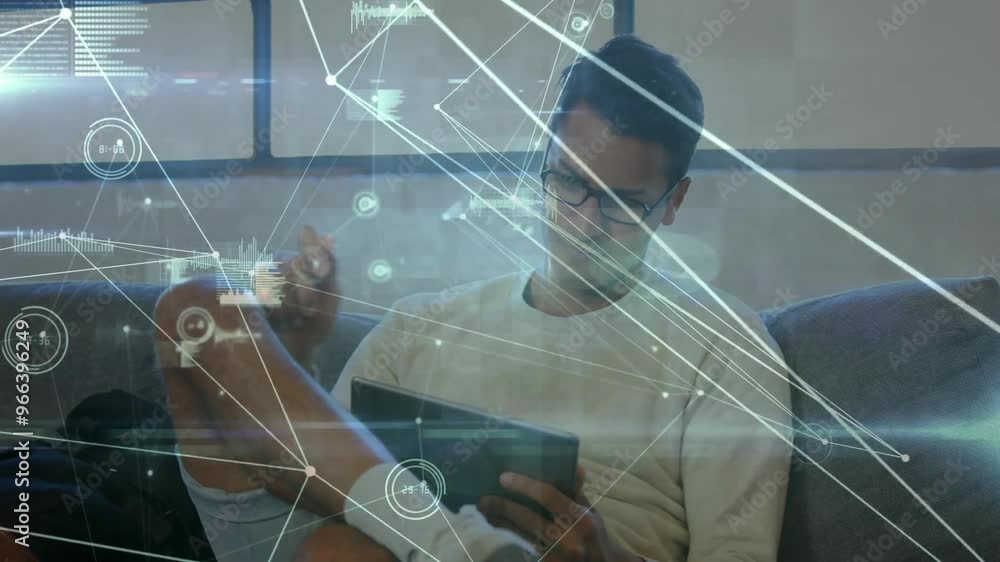 Poster animation of network of connections over caucasian man using tablet
