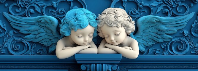 Two cherub statues with blue wings rest on an ornate blue facade, highlighting a detailed architectural salvage concept.
