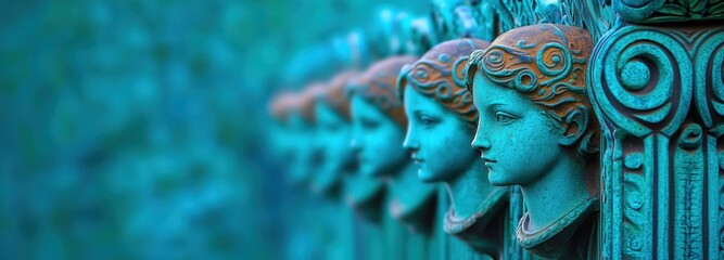 Obraz premium A row of ornate, patinaed bronze busts with detailed features and golden accents, set against a blurred background, showcasing classical architecture. Copy space.