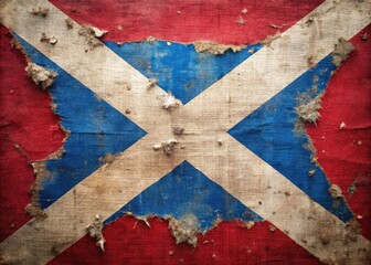 Obraz premium A worn, tattered, and faded cloth bearing a blue saltire with white stars on a red background, symbolizing a region's history and cultural identity.