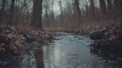 Fototapeta premium A tiny brook meanders amidst dense forests, with verdant foliage covering its banks and towering trees framing its path
