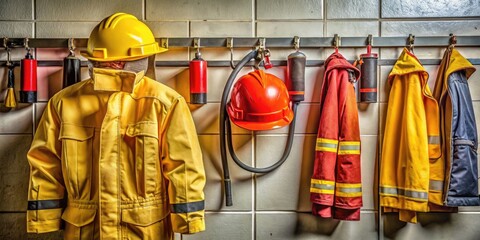 A yellow helmet and fire-resistant jacket hang on a hook beside a fire extinguisher and other safety equipment in a well-organized Chennai fire station.