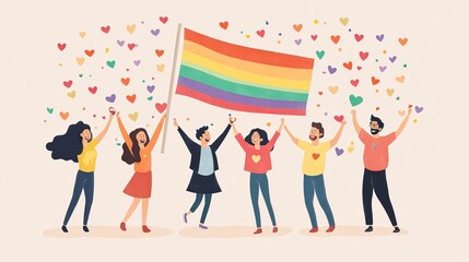 Fototapeta premium Illustration of people joyfully celebrating pride with rainbow flags and hearts. AI generated image