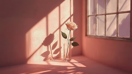  A solitary white rose in a clear vase perched atop a window ledge, casting a subtle shadow on the nearby wall
