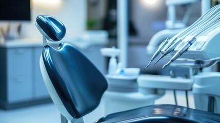 Fototapeta premium Modern dental office with close-up of empty dental chair and background of dental equipment. Medical and health topics concept.