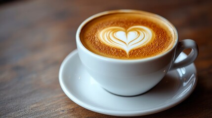 Fototapeta premium Close-Up of Coffee Cup with Heart-Shaped Latte Art