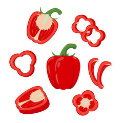 Set of red sweet peppers and slices. Whole and parts of farm paprika plant icons. Organic vegetables vegetarian food. Vector illustration isolated on white background.
