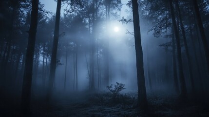 A misty forest scene illuminated by moonlight, creating an eerie, tranquil atmosphere.