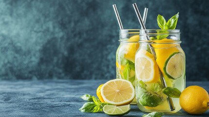 Infused water with citrus fruits, lemon, lime, and basil in a mason jar with reusable metal straws. Healthy lemonade drink in a glass jar, promoting a zero-waste concept and sustainable lifestyle. 