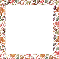 Watercolor illustration, herbarium  frame in autumn colors. Oak, rowan, aspen and rose leaves autumn square composition.