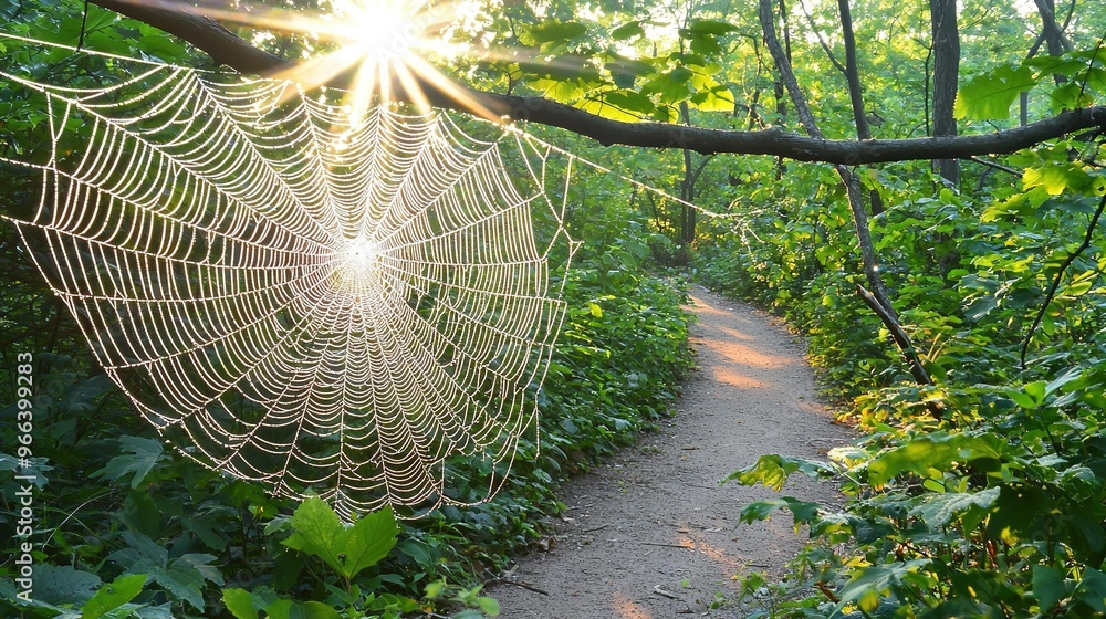 Wall mural spider web dangles from tree above dirt path in forest with sunlight filtering through leaves