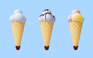 Realistic set of ice cream cones with balls of different flavors and chocolate topping. Use for advertising, banners, cafes and restaurants, grocery stores, etc. Vector illustration