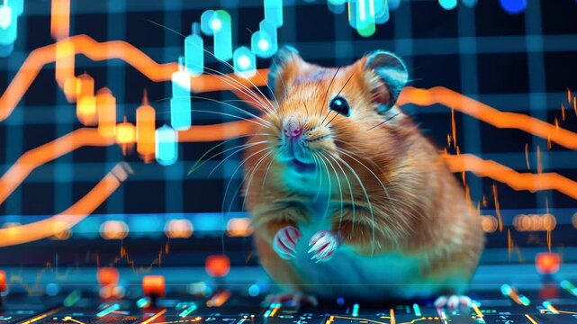A small, inquisitive hamster roams across a sleek surface, captivated by bright, fluctuating graphs in the background, embodying the lively energy of market trends