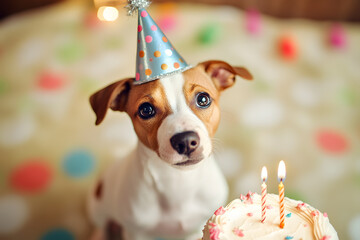 dog wearing birthday cap with cake and candles over party background