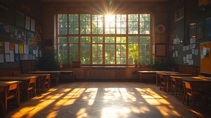 Sunlight streams through large windows in an empty classroom, illuminating the wooden floor.