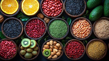  A photo shows a table brimming with bowls of various fruits and veggies, alongside oranges, kiwis, beans, and avocados