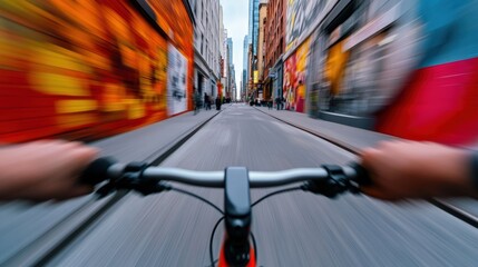 A person riding a bike down an alley with buildings on both sides, AI