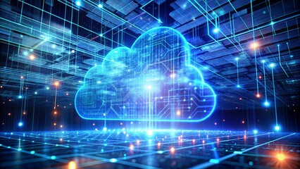 Fototapeta premium Visual Representation of Cloud Technology Highlighting Data Flow in a 3D Environment for Innovative Digital Solutions