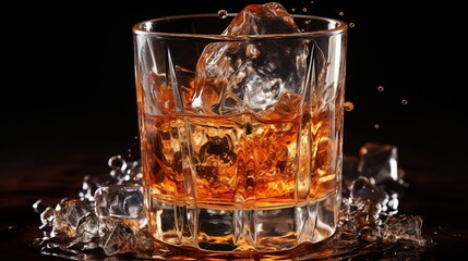 Glass of splashing whiskey or other alcohol with ice cube on black background.