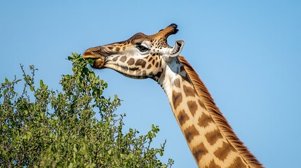 Fototapeta premium A close-up of a giraffe reaching up to eat leaves from a tall acacia tree
