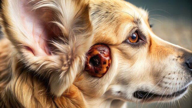 Close-up of a dog's inflamed ear canal, infested with pesky ear mites, showcasing the dark brown debris and redness caused by the parasitic infection.